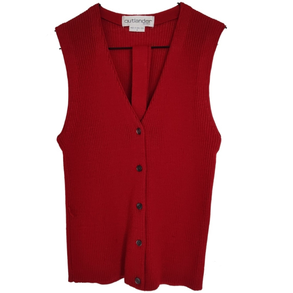 Outlander Vintage Red Wool Blend Button Front Tie Mid Hip Sweater Vest Size SP